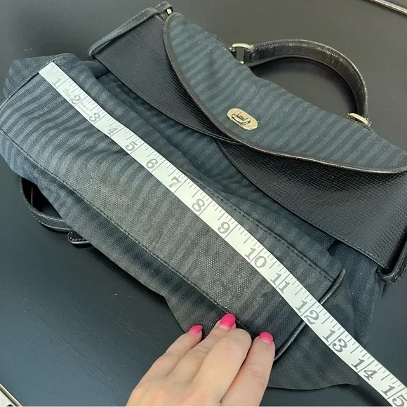 FENDI Vintage leather and coated canvas bag, striped, black 14”x10”, authentic - Picture 13 of 17